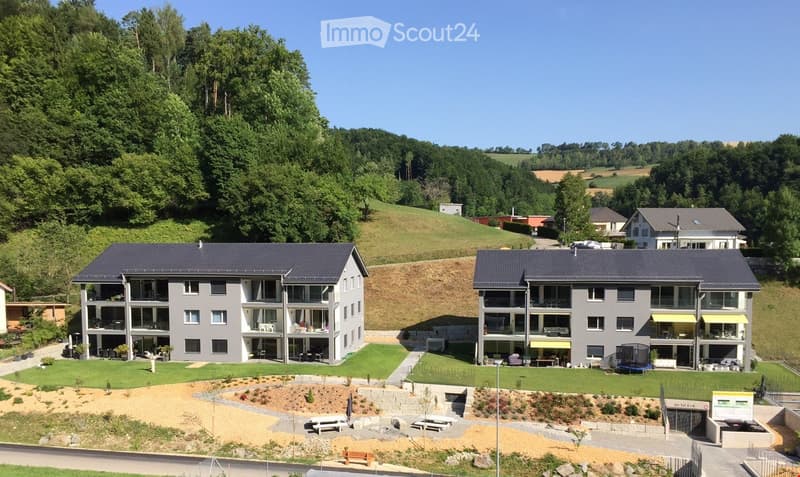 Two apartment buildings in the countryside with a view, surrounded by well-manicured lawns and greenery, trees, a pathway leading up to the houses, and a small garden with seating areas.