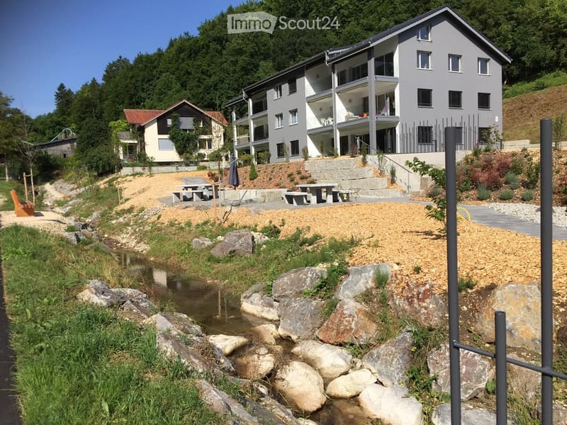 Modern apartment building, raised ground floor, located on sloped land, with landscaping, rocks, and small stream