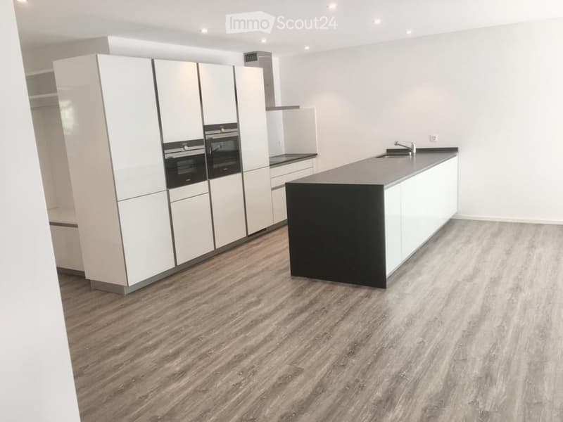 modern kitchen, white cabinets, wooden flooring, black countertop, white walls, open plan