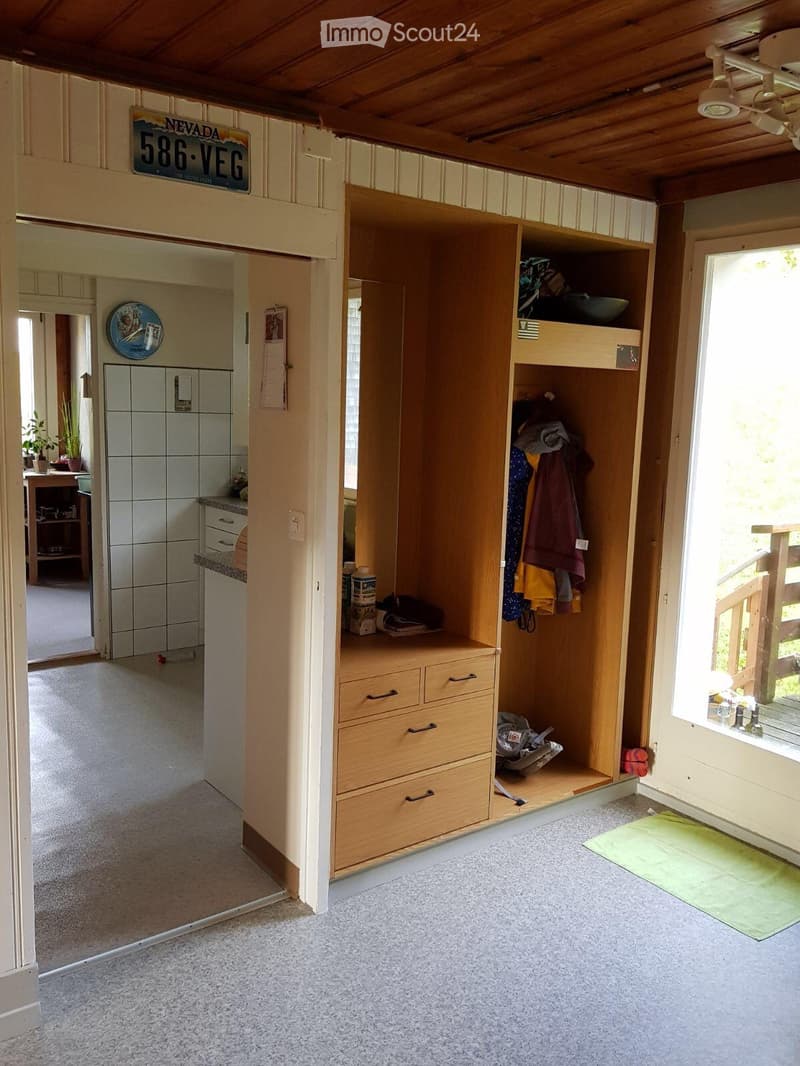 A well-lit hallway with a wooden closet, drawers, and a small table with a plant in the background.