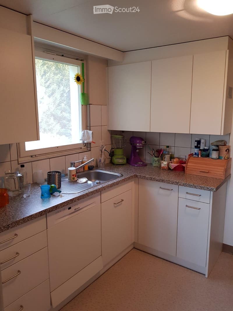 Bright kitchen with white cabinets, granite countertops, and various appliances including a blender, mixer, and dishwasher. A window with a view of greenery is visible.