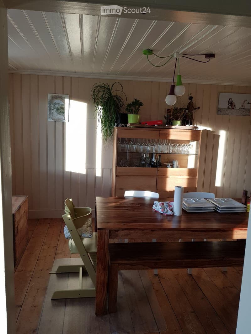Bright kitchen with wooden table, chairs, and a cabinet with glassware. Features a hanging light fixture and potted plants.
