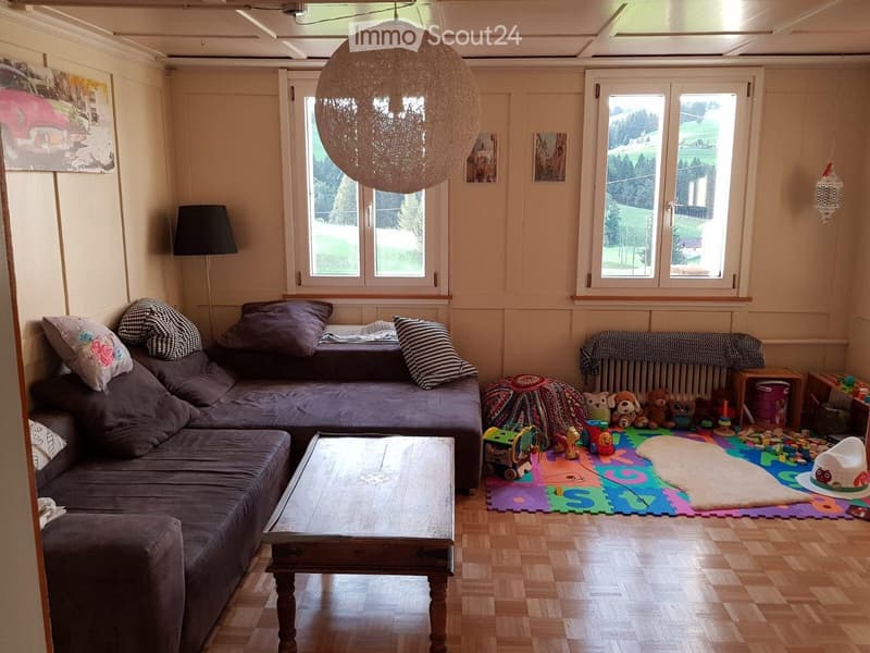 Living room with a grey sectional sofa, wooden coffee table, floor lamp, and various toys on the floor.