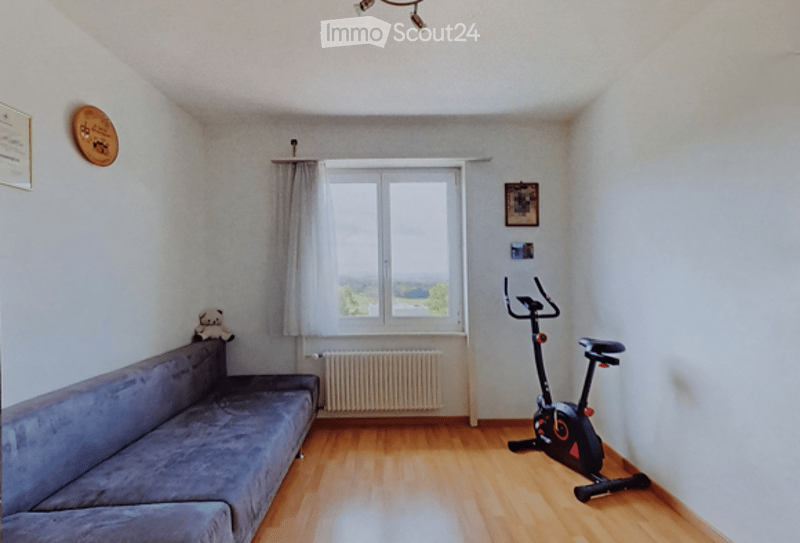 A small, well-lit room with wooden flooring, a grey sofa, an exercise bike, a radiator under a large window with a curtain, and a few decorative items on the walls.