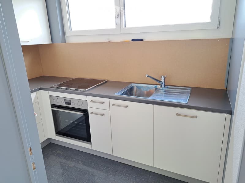 Modern kitchen with white cabinets, stainless steel sink, induction cooktop, and built-in oven.