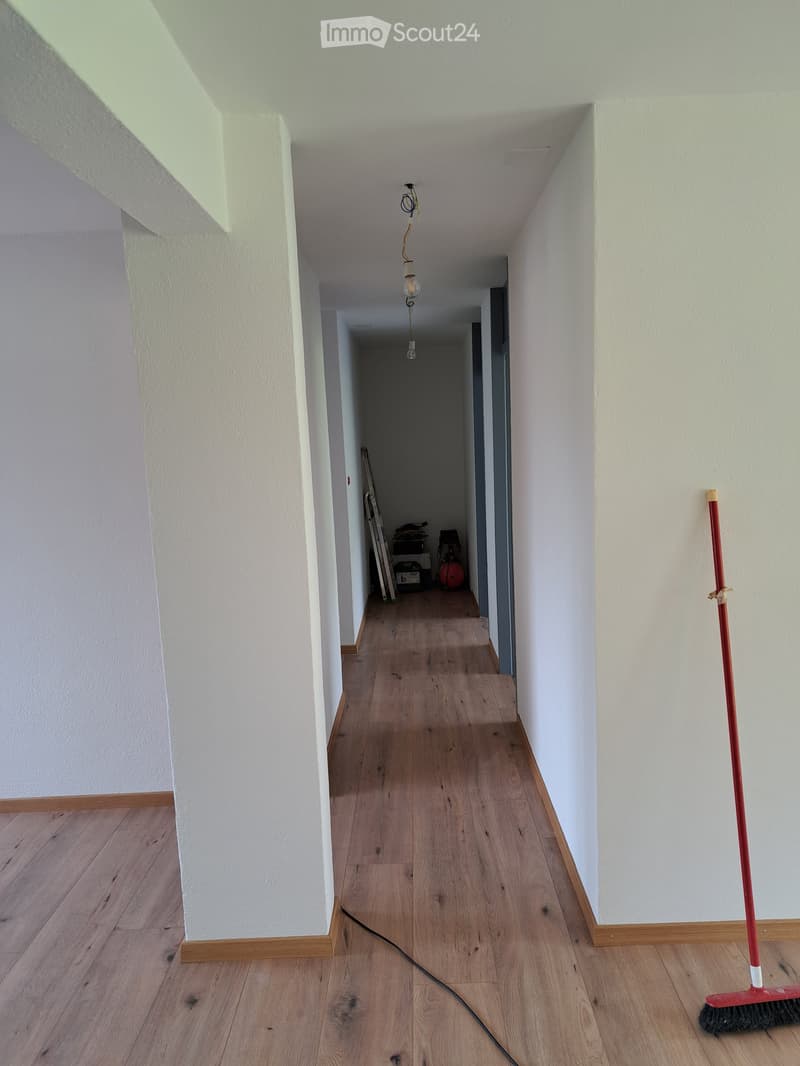 Empty hallway with wooden flooring, white walls, and a single hanging light fixture. A broom is placed on the right side.