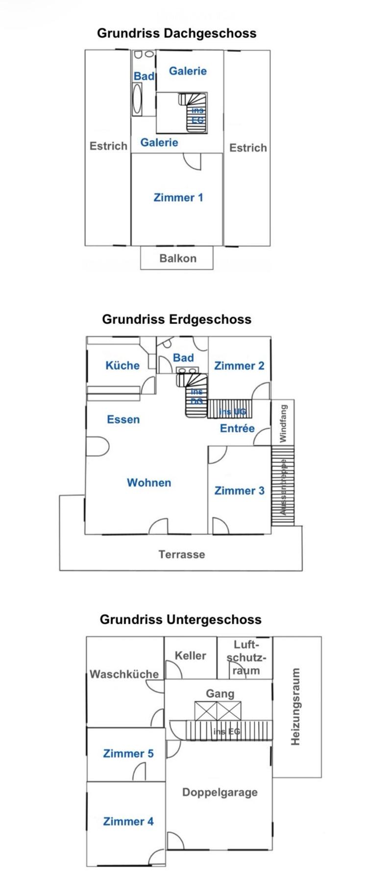 Floor plan showing three levels: attic, ground floor, and basement. Attic includes a bathroom, gallery, and bedroom. Ground floor includes kitchen, dining, living room, entrance, and three bedrooms. Basement includes laundry room, storage, hallway, and do