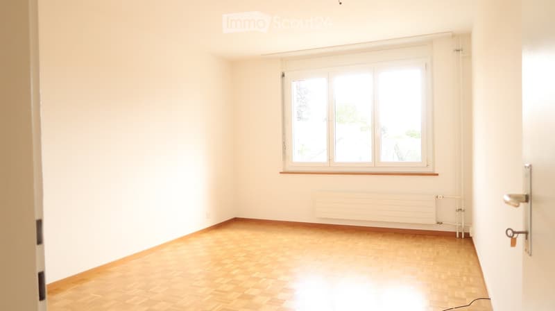 Empty room with light wooden flooring, white walls, large window with white frame, radiator below window, and a door with a silver handle.