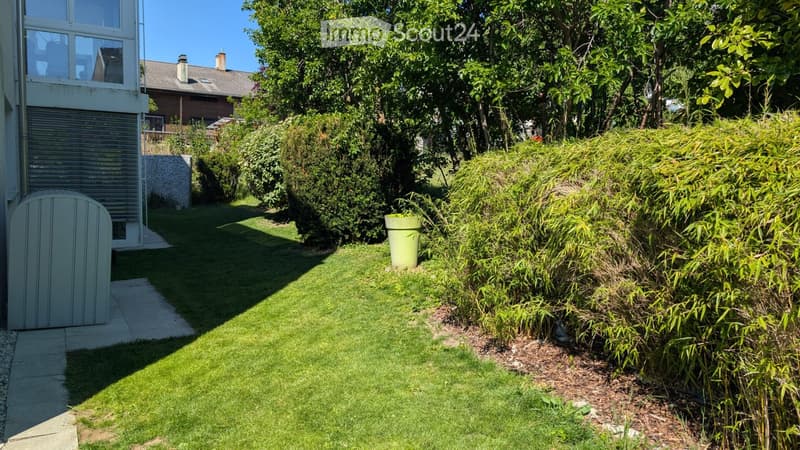 Well-maintained garden with green grass, trimmed bushes, and a small pathway leading to a house entrance.