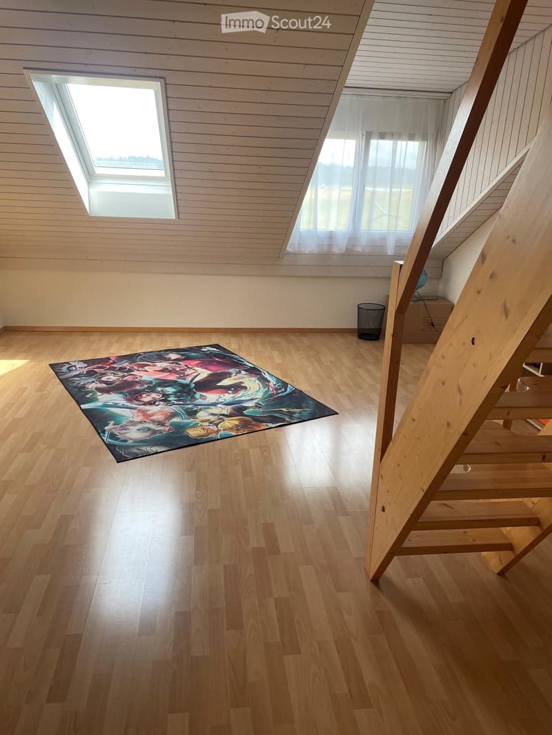 Empty attic room with wooden floors, slanted wooden ceiling, skylight window, and a staircase leading down. A colorful rug is placed on the floor.