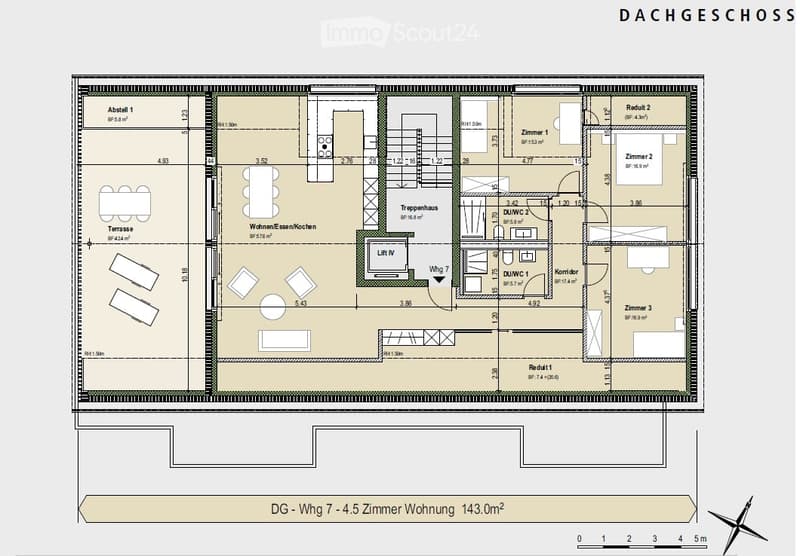 Floor plan of a 4.5-room apartment on the top floor, featuring a living/dining/kitchen area, three bedrooms, two bathrooms, a hallway, a staircase, and a terrace.