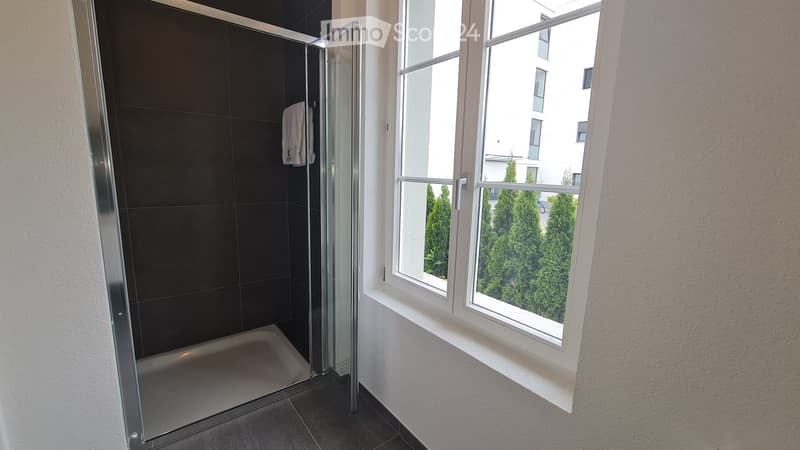 Modern bathroom with a glass-enclosed shower, dark tiles, and a towel hanging on the wall. A large window offers a view of greenery outside.