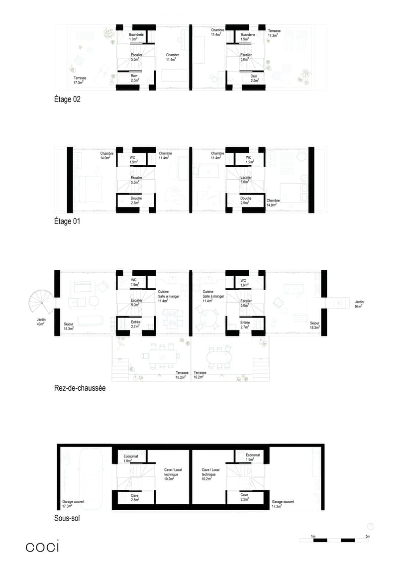 Floor plan of a multi-level house with four levels: ground floor, first floor, second floor, and basement. Ground floor includes living room, dining room, kitchen, entrance, and terraces. First floor includes bedrooms, bathrooms, and terraces. Second floo