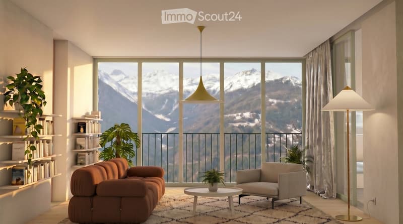 Modern living room with large windows offering a mountain view, featuring a brown sectional sofa, a grey armchair, a white coffee table, a bookshelf, and floor and table lamps.