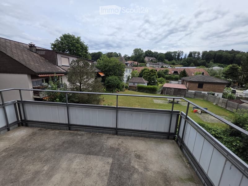 Balcony with metal railing overlooking a green lawn and neighboring houses.