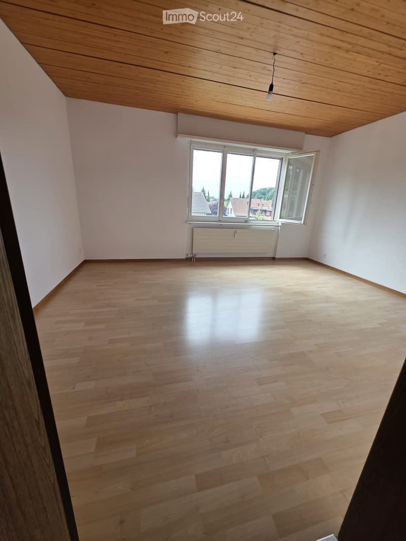 Empty room with wooden flooring, white walls, large window with view, and a radiator below the window.