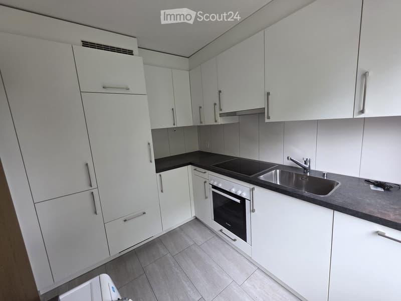 Modern kitchen with white cabinets, black countertops, stainless steel sink, and built-in oven.
