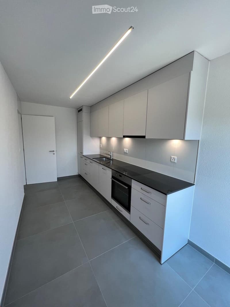 Modern kitchen with white cabinets, black countertop, stainless steel sink, and built-in oven. Grey tiled floor and sleek lighting.