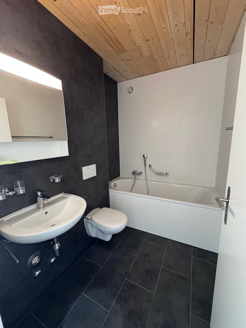 Modern bathroom with dark tiled walls and floor, white bathtub, sink, and toilet. Features a sleek design with a mirror and modern fixtures.