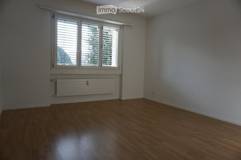 Empty room with wooden flooring, white walls, and a large window with blinds. A radiator is visible below the window.