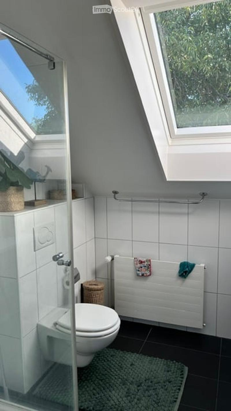 Modern bathroom with white tiles, a toilet, a glass-enclosed shower, a radiator, a towel, a small plant, and a rug on the floor.
