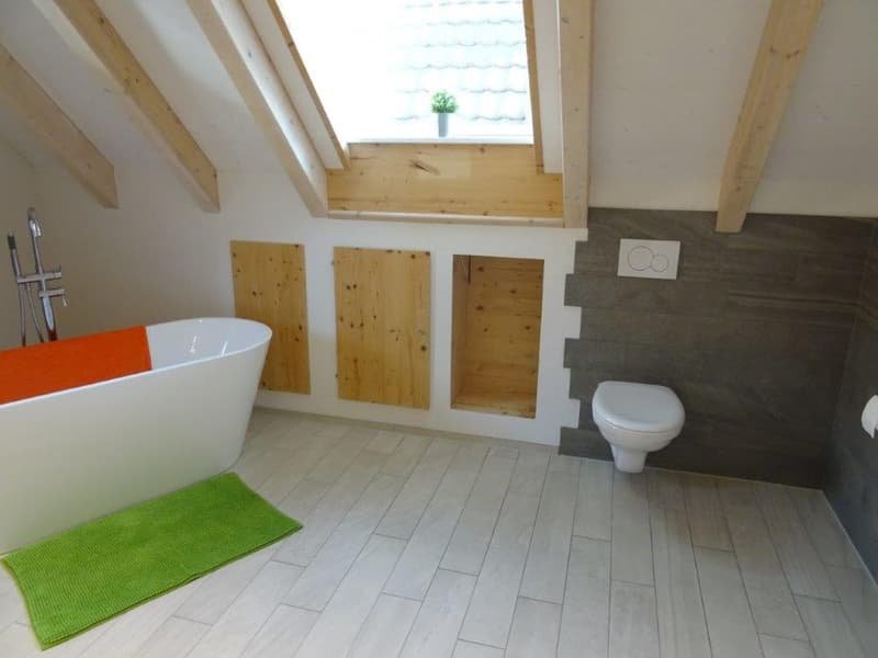Modern bathroom with a white bathtub, toilet, and a green bath mat. The room features wooden slatted walls and a skylight window with a small plant on the sill.
