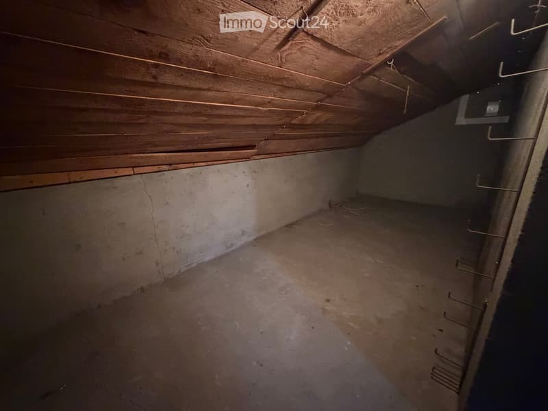 Empty attic space with wooden slanted ceilings and concrete floor, no furniture or equipment.