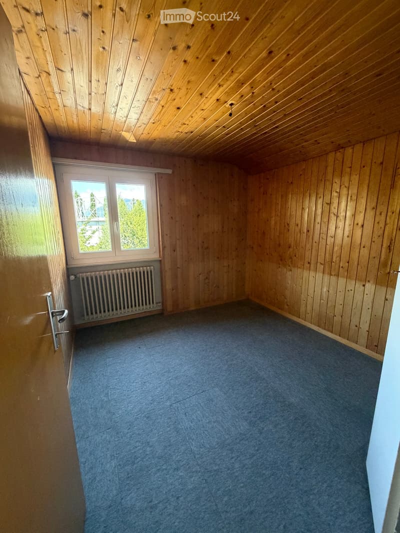 Empty room with wooden walls, wooden ceiling, carpeted floor, and a window with a radiator below it.