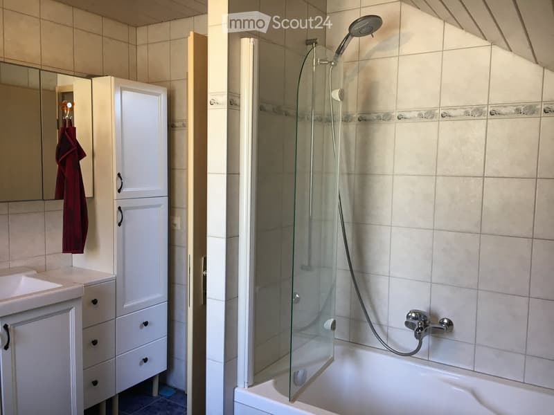 Modern bathroom with a white sink, mirror, cabinet, bathtub, and glass-enclosed shower. A red towel hangs on the cabinet.