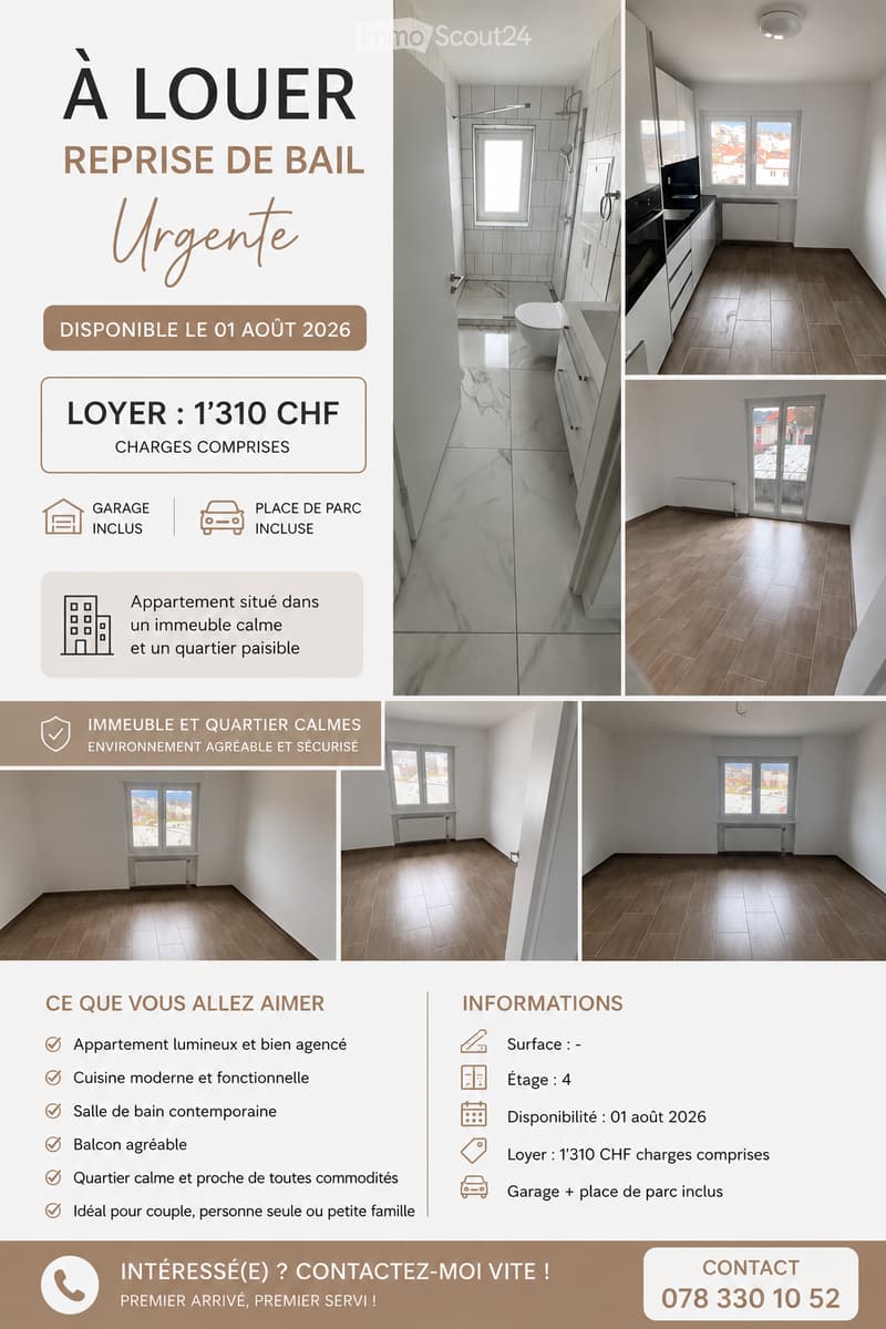 Empty apartment with wooden flooring, white walls, and large windows. Includes a modern kitchen, contemporary bathroom, and balcony access.