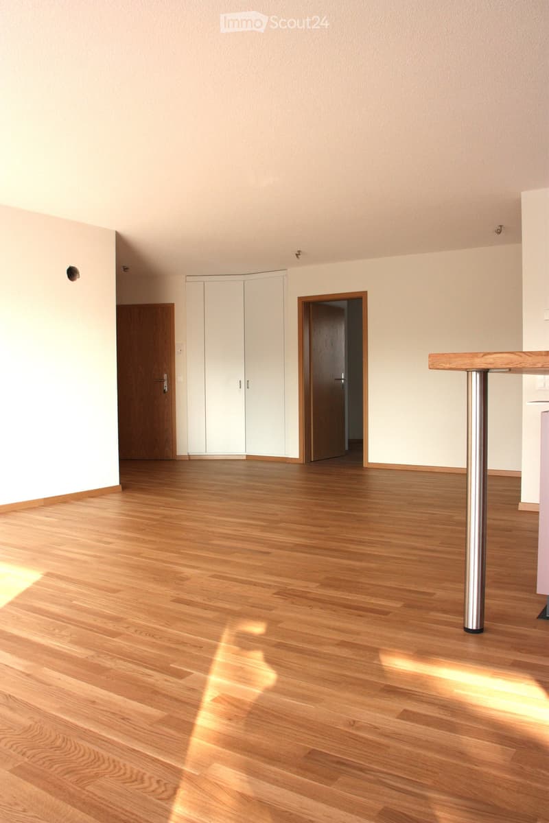 wooden floor, large room, two doors, two large white cabinets, wooden table
