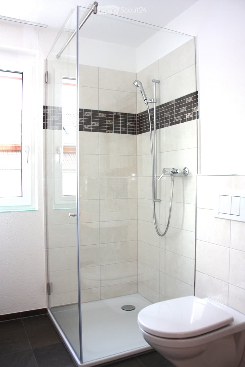 modern white tiled walls, glass walk-in shower with chrome fixtures, white toilet
