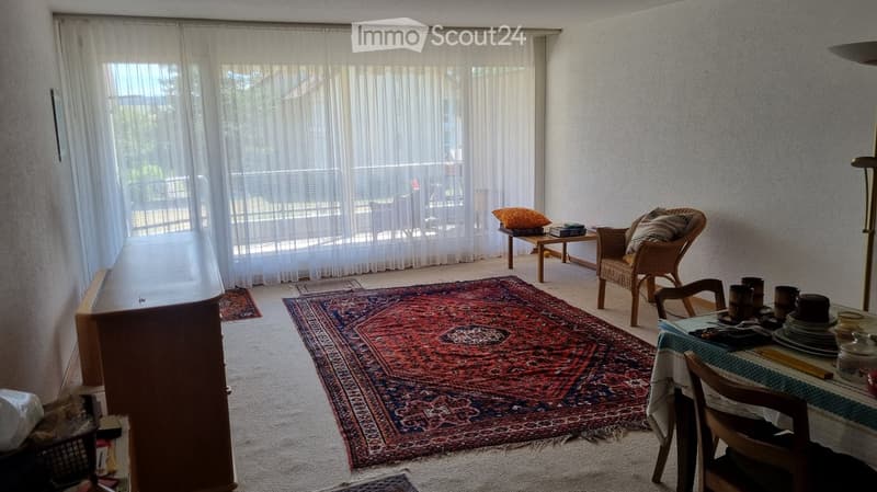 A well-lit living room with a large window covered by sheer curtains, a patterned red and blue rug, a wooden sofa, a wicker chair with cushions, a small wooden table, and a dining table with chairs.