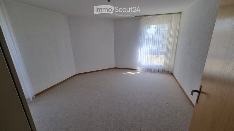 Empty room with light-colored walls, carpeted floor, and a window with white curtains.
