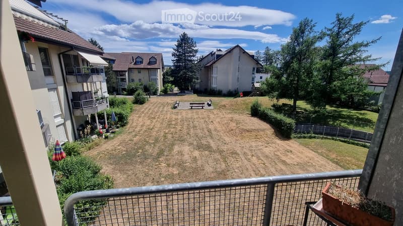 View of a residential area with a grassy lawn, benches, and surrounding buildings.
