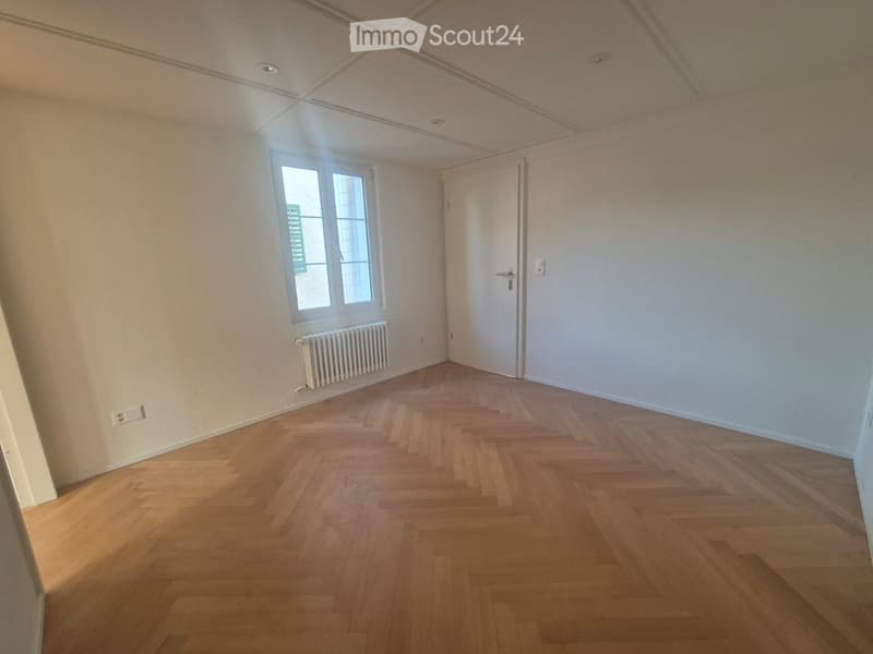 empty room, wooden parquet floor, white walls, window, radiator, door