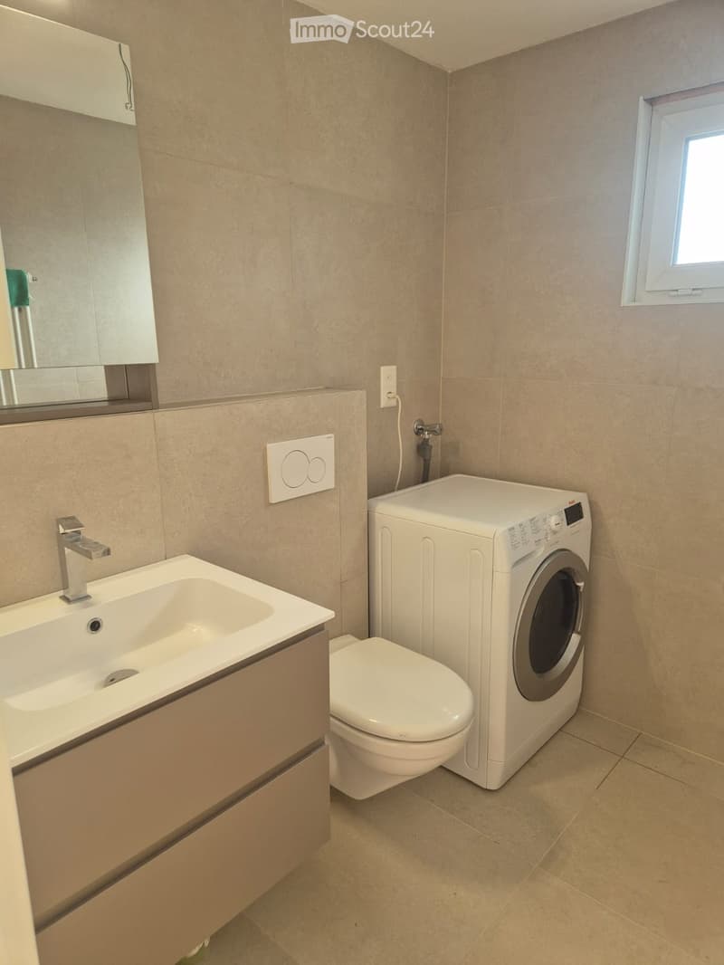 modern bathroom with white sink, mirror, toilet, washing machine, tiled floor