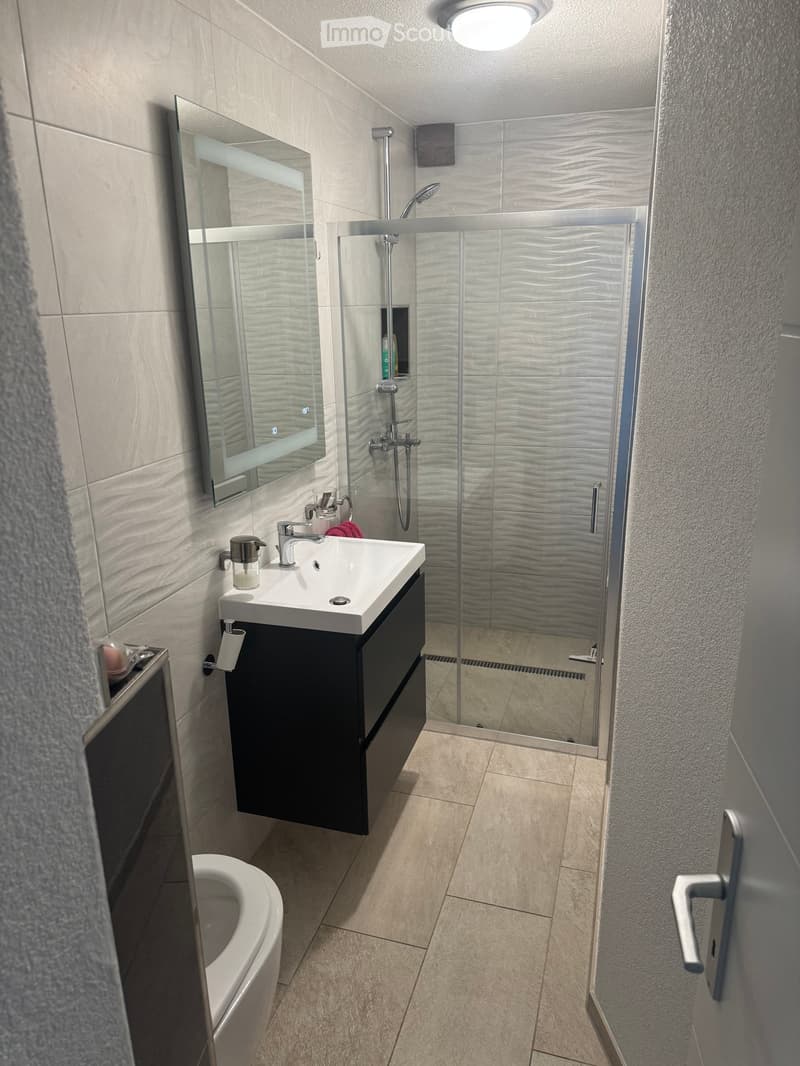 Modern bathroom with a white sink, black cabinet, large mirror, glass-enclosed shower, and a toilet. Light-colored tiles and a sleek design.