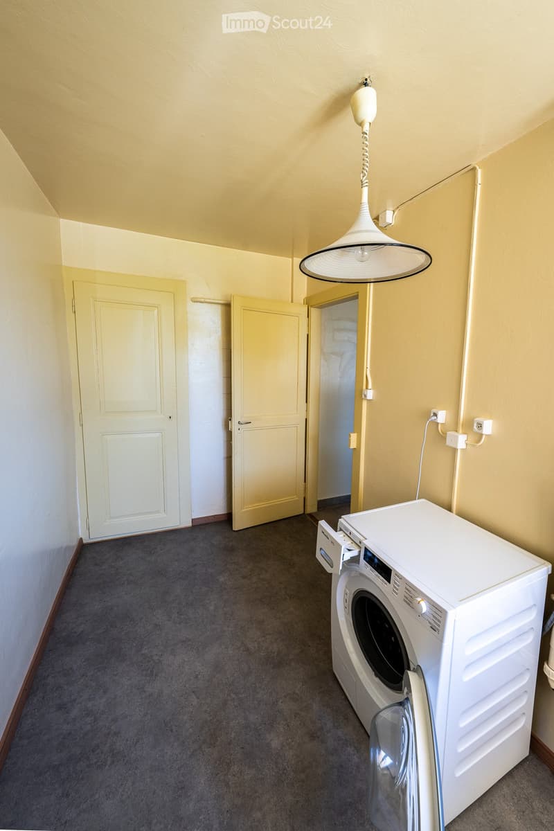 A small, well-lit laundry room with a white washing machine, grey carpet, and three doors leading to other areas.