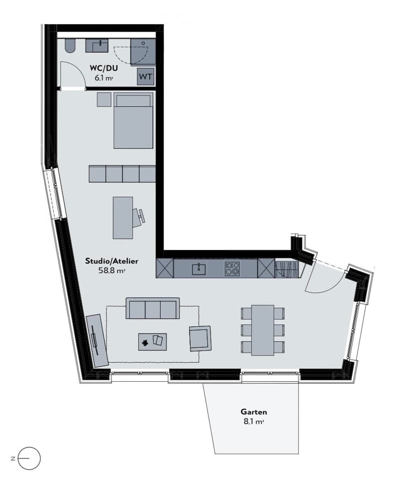 Floor plan showing a studio/atelier area (58.8 m²), a WC/DU (6.1 m²), and a garden (8.1 m²). Layout includes a living space with seating and dining area.
