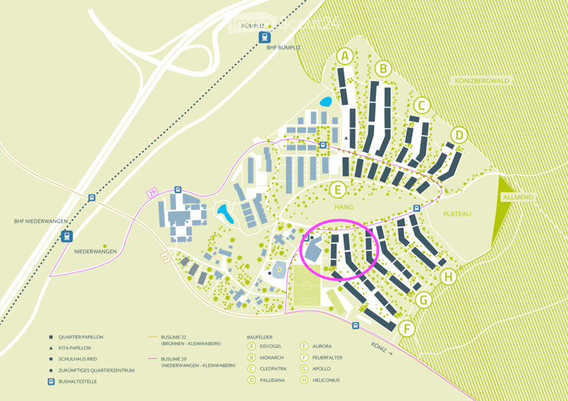 Floor plan of a residential complex with labeled buildings, bus lines, and surrounding areas. Includes sections labeled A through H, bus stops, and nearby landmarks.