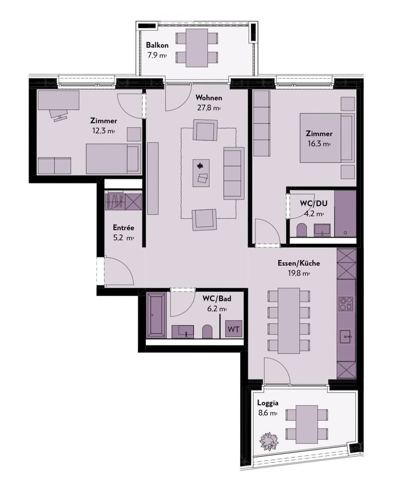 Floor plan of a residential unit featuring a living area, two bedrooms, two bathrooms, kitchen, entrance, and balcony.