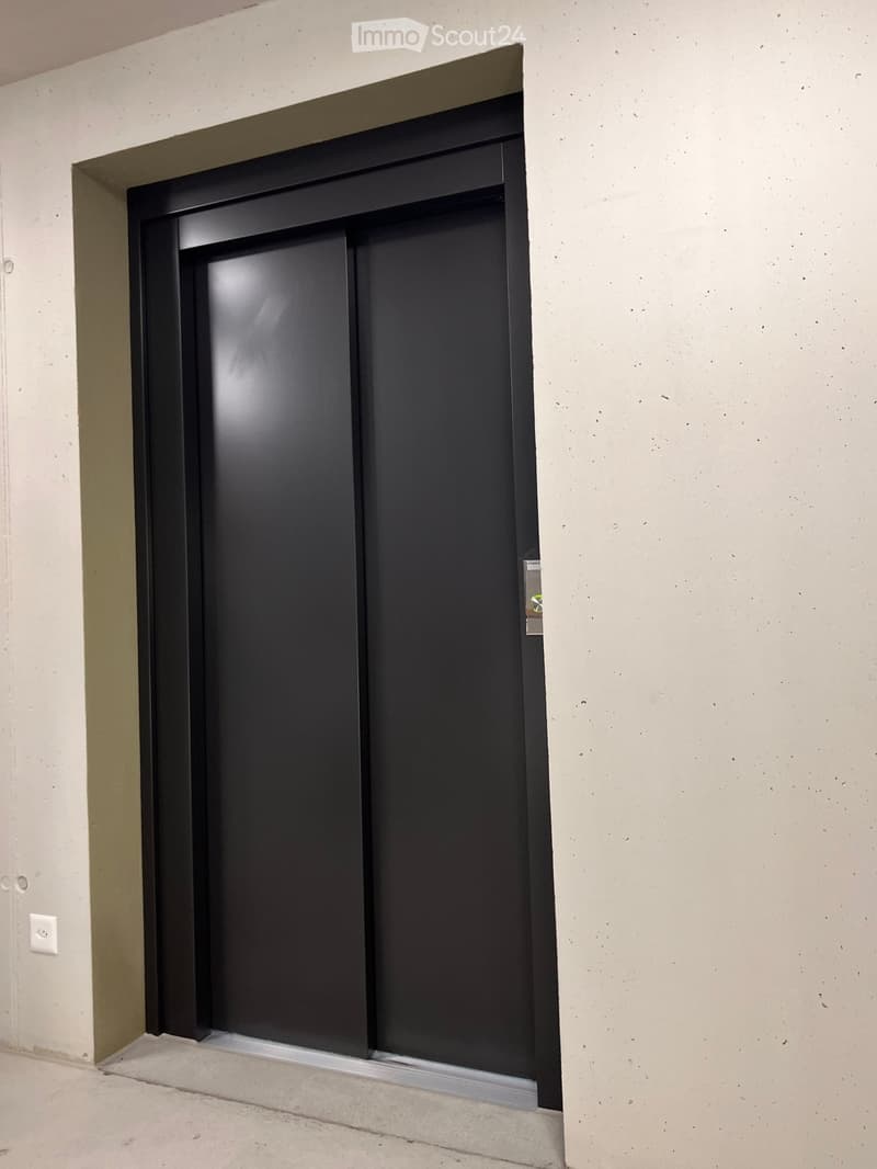 Modern hallway with a black elevator door, light-colored walls, and a raised ground floor entrance.