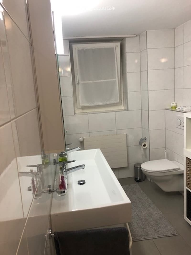 Modern bathroom with white tiles, a large sink with dual faucets, a toilet, a radiator, a mirror, and a window with a towel.