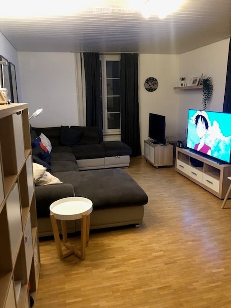 Modern living room with a large sectional sofa, coffee table, TV stand with a screen, side table, floor lamp, and a shelf with decorative items.