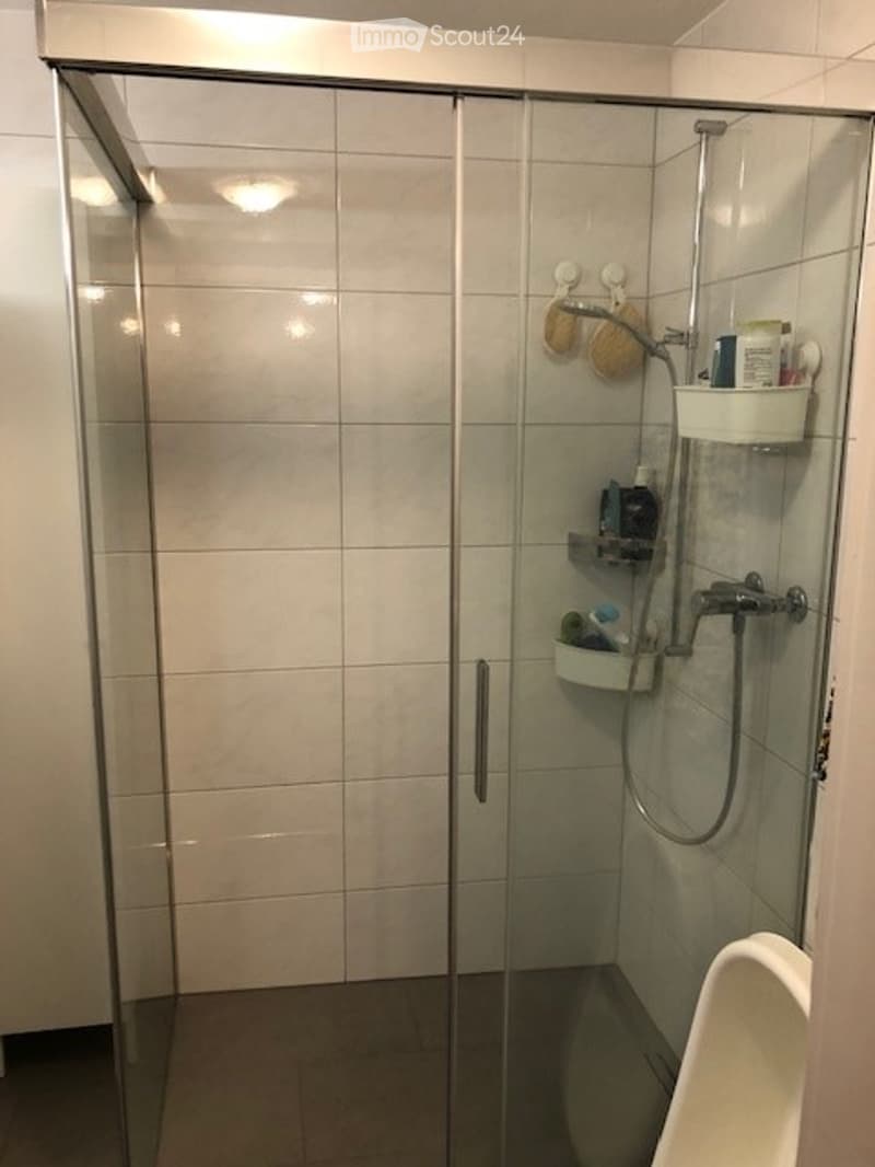 Modern bathroom with a glass-enclosed shower stall, tiled walls, and a toilet. The shower features a handheld showerhead and built-in shelves holding toiletries.