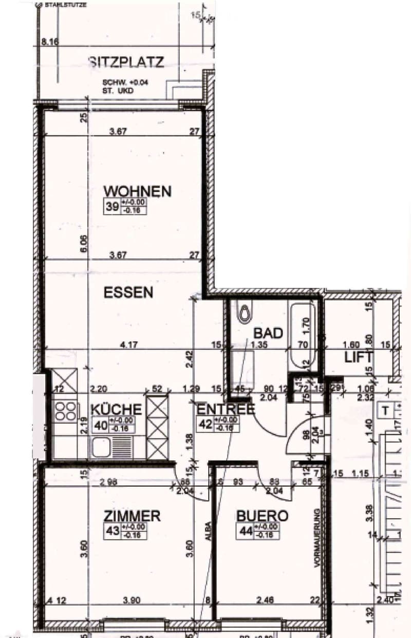 Floor plan showing a layout with labeled rooms including Wohnen (living), Essen (dining), Küche (kitchen), Badezimmer (bathroom), Schlafzimmer (bedroom), and a separate office (Büro).