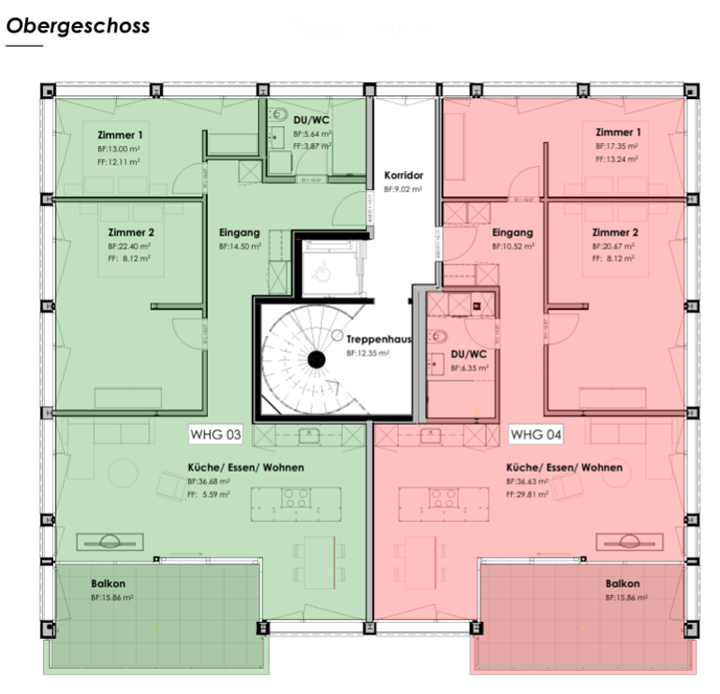 Upper floor plan with entrance, 2 bedrooms, 2 bathrooms, kitchen, dining area, staircase, and balcony.