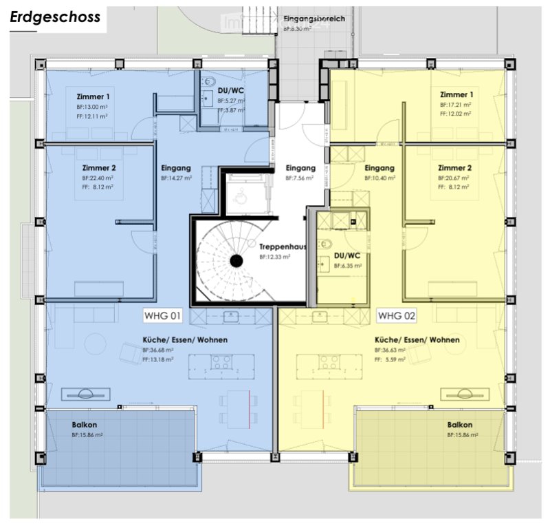 Floor plan: entrance, hallway, 2 bedrooms, 2 bathrooms, kitchen, dining area, living room, balcony, stairwell