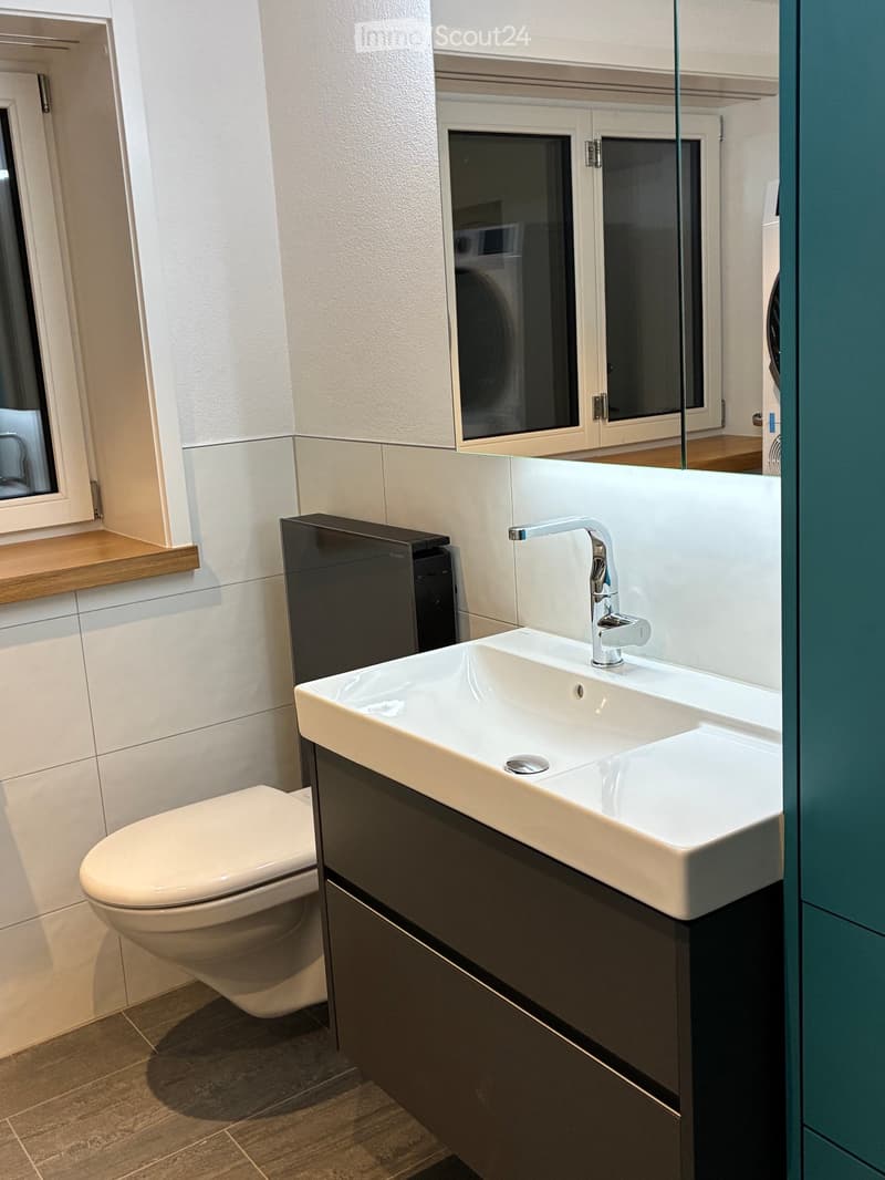 Modern bathroom with a white sink, chrome faucet, dark grey cabinet, and a toilet. The walls are tiled, and there is a window with a wooden sill.